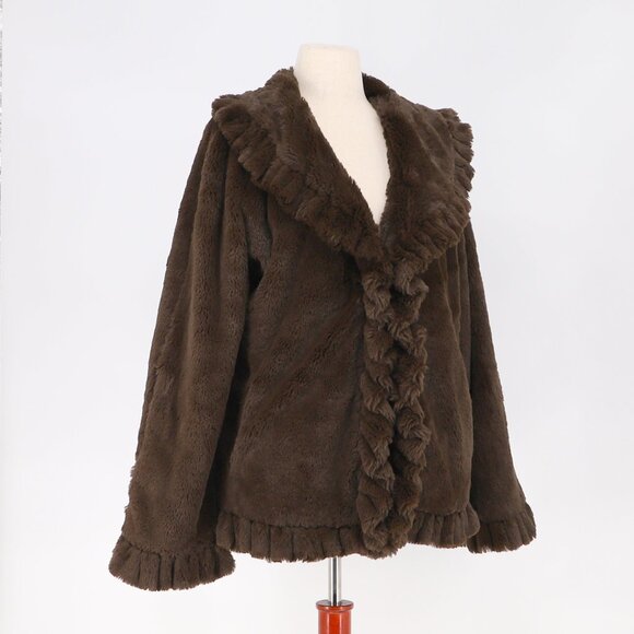DAMSELLE NEW YORK Soft Faux Fur Coat in Dark Brown Single Hook Closure Size L - Picture 2 of 7